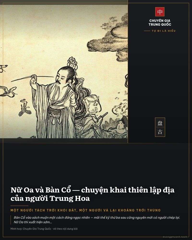 Tranh tường lớn ở một ngôi đền thờ Nữ Oa: giữa khung cảnh mây núi và biển, một nữ thần áo trắng bay lên, tay nâng khối đá, bên cạnh là con rồng xanh uốn mình; phía trên tranh có ghi bốn chữ Hán nói việc bà luyện đá vá trời