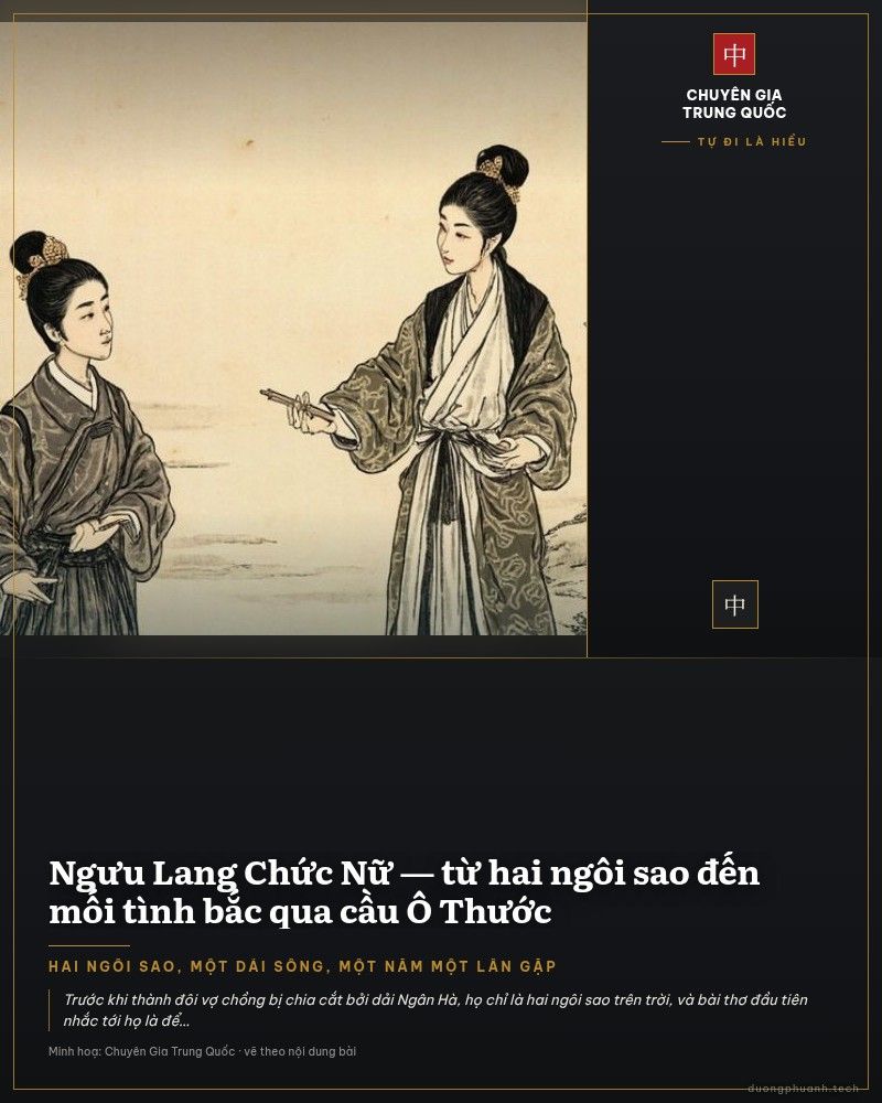 Tranh vẽ trên hành lang dài ở Di Hoà Viên, Bắc Kinh: Chức Nữ áo xanh đứng trên mây tay cầm thoi dệt, Ngưu Lang đội nón cầm sọt dắt hai đứa trẻ đi tới, đàn chim khách bay giữa hai người