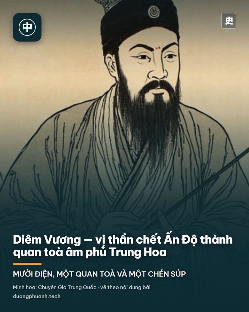 Tranh cổ Trung Hoa thế kỷ 12 vẽ Diêm La Vương ngồi sau án thư trong bộ mười vua âm phủ: áo quan đỏ viền xanh, mũ quan đội đầu, hai bên có thư lại và ngục tốt