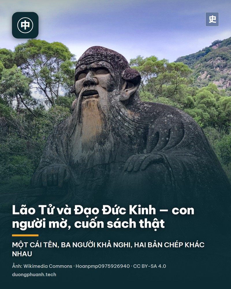 Tượng đá khổng lồ của Lão Tử tạc liền từ một khối đá hoa cương ở Thanh Nguyên Sơn, Tuyền Châu: một cụ già râu dài ngồi bó gối, hai tay đặt lên đùi, mặc áo choàng nhiều nếp; phía trước có hàng rào gỗ thấp, phía sau là rừng cây xanh và sườn núi, nền trời sáng.