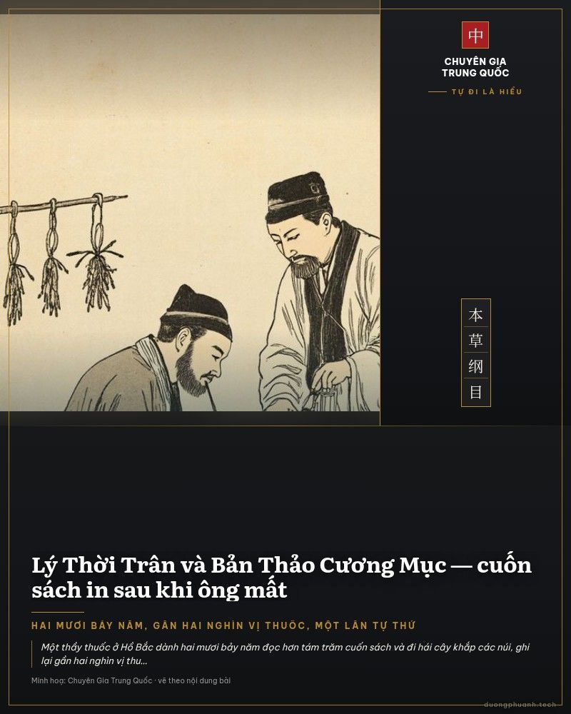 Tượng sứ nhỏ hình Lý Thời Trân trưng bày trong bảo tàng: ông đội mũ văn sĩ màu đen, mặc áo choàng men lam nhạt có vân rạn, một tay nâng nhánh cây thuốc có quả vàng, tay kia cầm chiếc cuốc có lưỡi đen; tượng đứng trên đế đá tráng men, nền tường xám nhạt.