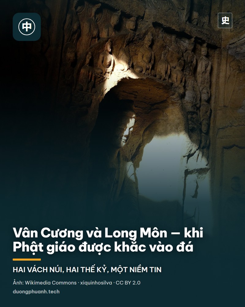 Tượng Phật Tỳ Lô Giá Na khổng lồ tạc vào vách đá ở hang Phụng Tiên, Long Môn: đầu tượng to, mắt khép hờ, áo choàng xếp nếp chạy thành đường cong, hai bên có Bồ Tát và đệ tử đứng hầu, vách đá màu vàng nâu loang lổ