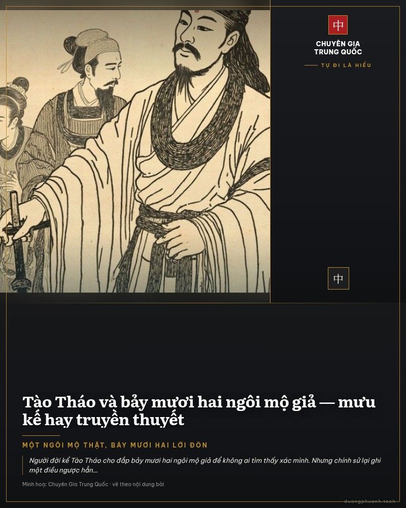 Cổng và nhà bia khu di tích Cao Lăng của Tào Tháo ở huyện An Dương, Hà Nam: con đường đá dẫn tới một nhà nhỏ mái cong nằm giữa cây xanh, phía sau là sườn núi thấp