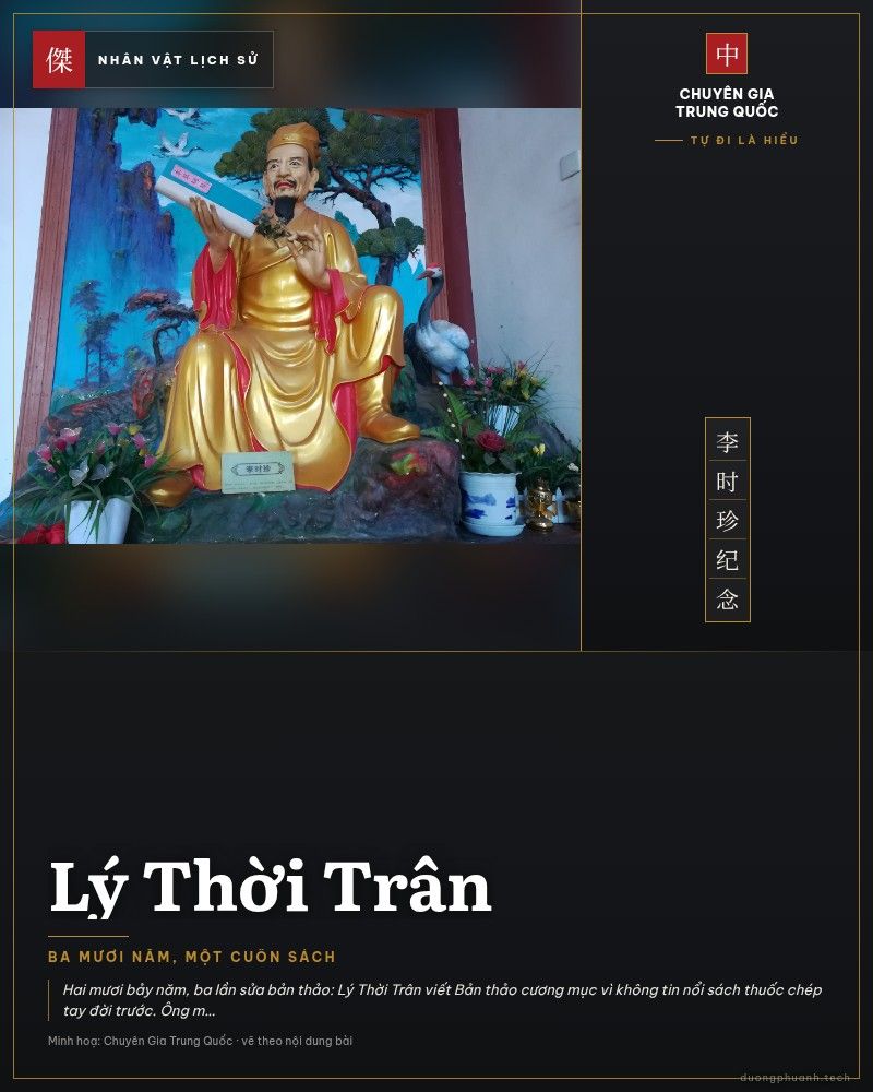 Tượng Lý Thời Trân nâng cuốn Bản thảo cương mục, bên phải có hạc
