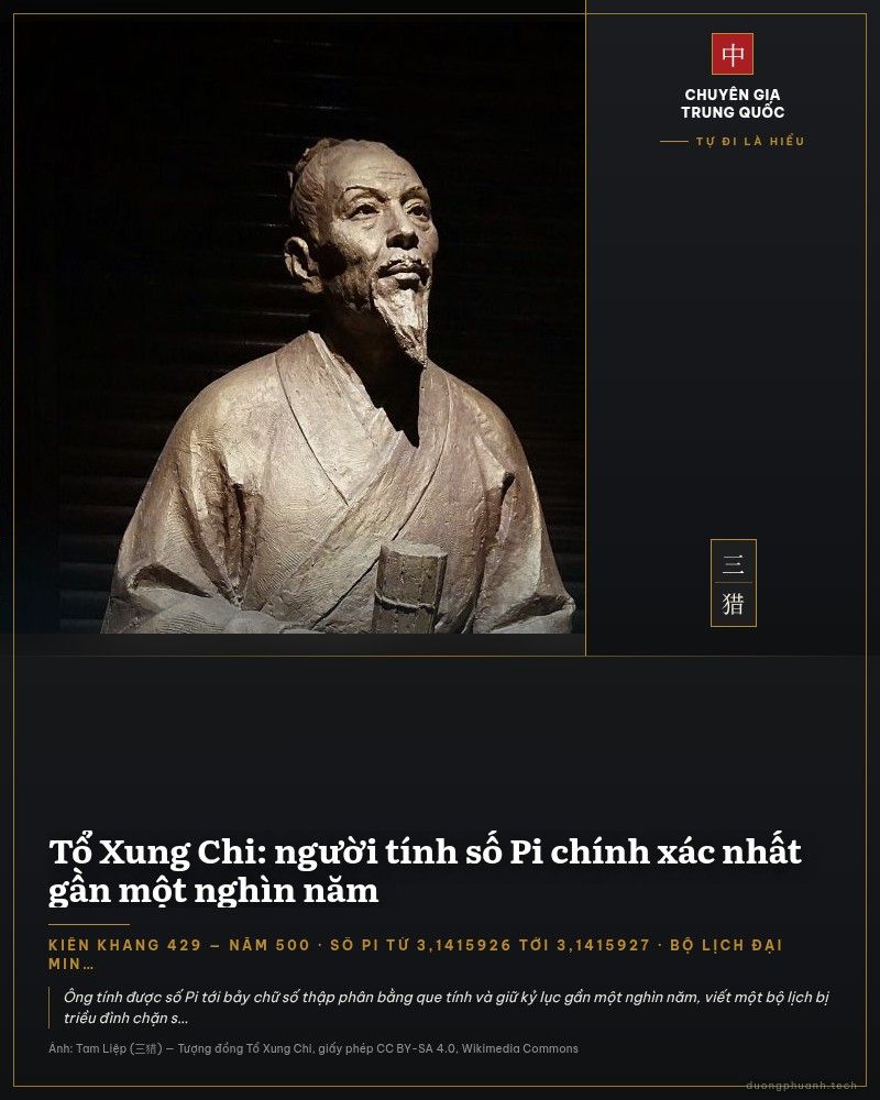 Tượng đồng Tổ Xung Chi ngồi trên bệ đá trong bóng tối: ông mặc áo choàng rộng nhiều nếp, để râu dài, hai tay nâng một cuốn sách thẻ tre, đầu hơi ngẩng nhìn lên, ánh sáng chiếu từ phía trước.