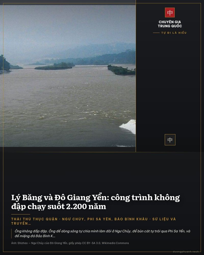 Toàn cảnh sông Mân Giang nhìn từ trên cao xuống mũi Ngư Chủy: một doi đất hình mũi thuyền phủ đầy khối bê tông vuông xếp đều, chẻ dòng nước màu nâu đục thành hai nhánh; bên phải nước xoáy tung bọt trắng, hai bờ sông phủ rừng xanh, xa xa là dãy núi mờ sương và một cây cầu.