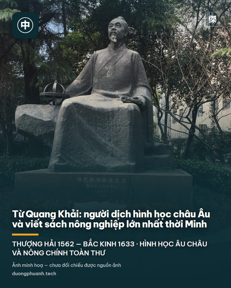 Chân dung truyền thống Từ Quang Khải: ông đội mũ cánh chuồn đen, mặc áo đỏ thẫm cổ trắng, để râu dài, vẽ trên nền lụa ngả vàng, phía trên có mấy dòng chữ Hán
