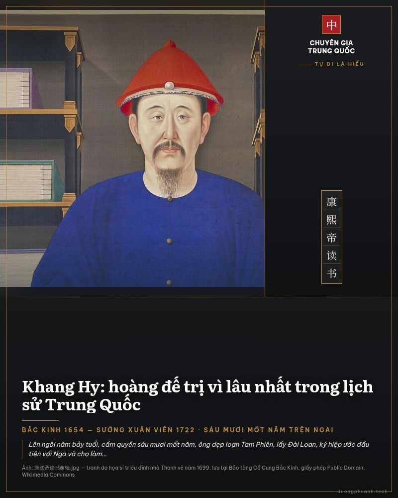 Tranh vẽ vua Khang Hy ngồi đọc sách: người đàn ông mặc áo dài màu xanh lam đậm cổ tròn cài khuy, đầu đội mũ đỏ hình nón có nút ngọc, ngồi khoanh chân trên tọa, trước mặt mở một cuốn sách, hai bên là giá chất đầy sách
