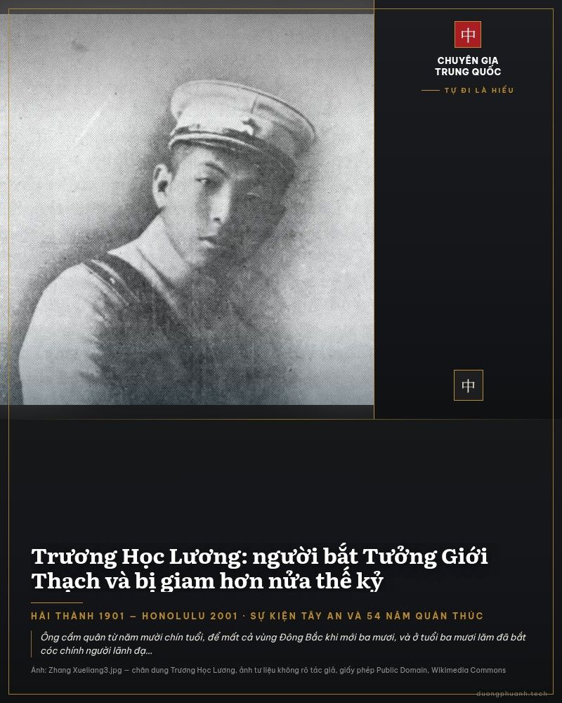 Ảnh đen trắng Trương Học Lương thời trẻ trong quân phục: người lính trẻ đội mũ kê-pi trắng có quân hàm, mặc áo sơ mi sẫm quân phục, nghiêng mặt nhìn về phía trước, dưới ảnh có dòng chữ tiếng Anh General Chang Hsueh-liang và chữ Hán