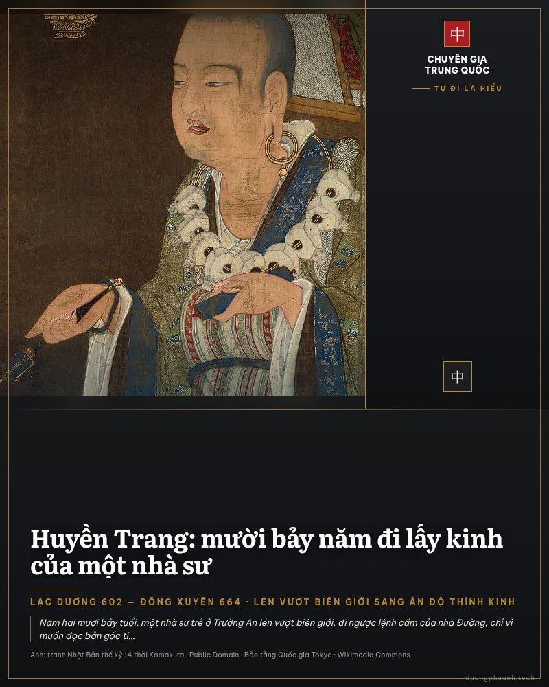 Tranh Nhật Bản thế kỷ 14 vẽ nhà sư Huyền Trang đang đi bộ: đầu trọc, đeo khuyên tai lớn, khoác áo cà sa màu xanh lục nhiều hoa văn, sau lưng là giá gỗ đựng các cuộn kinh, tay cầm phất trần, chân đi dép cỏ
