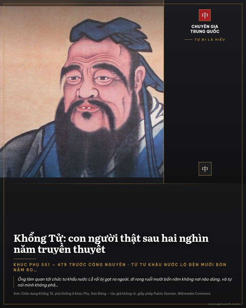 Tranh chân dung Khổng Tử: người đàn ông râu dài đen, đội khăn xanh, mặc áo choàng xám viền xanh, hai tay chắp trước ngực, nền vàng nhạt