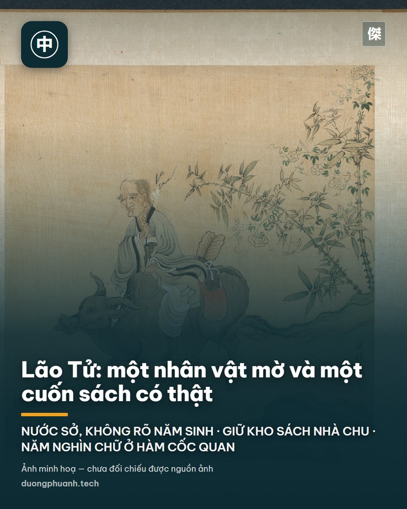 Tranh Lão Tử cưỡi trâu: cụ già râu tóc bạc trắng ngồi trên lưng trâu đen đang bước, tay cầm quyển sách, mặc áo choàng vàng nhạt, nền lụa cũ