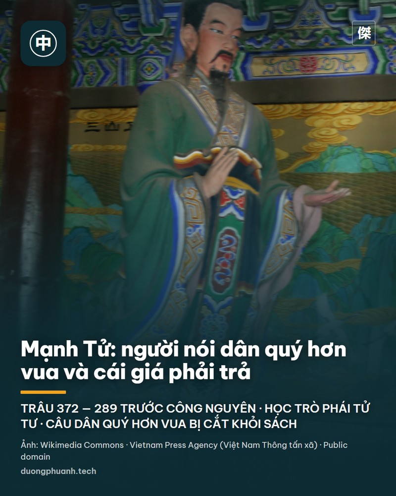 Tranh chân dung Mạnh Tử: người đàn ông đầu hói, ria mép, chòm râu, mặc áo trắng cổ đen, phía trên bên phải có dòng chữ Hán 鄒國亞聖公 孟軻