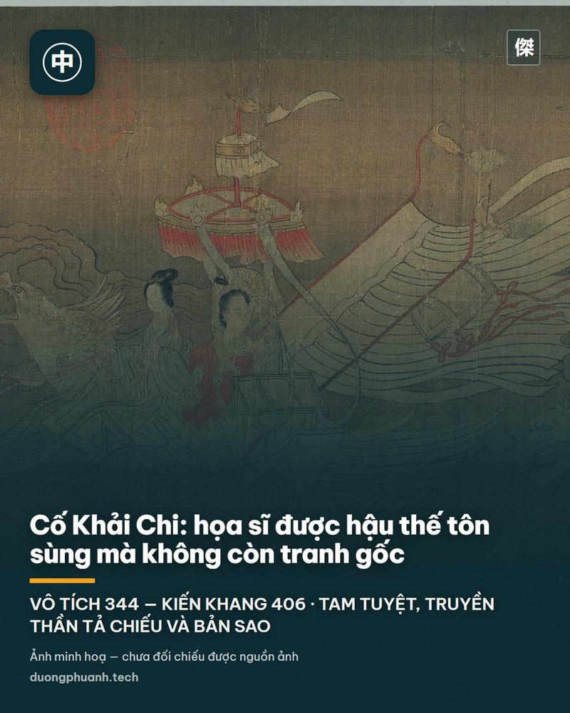 Tranh cuộn phong cảnh sơn thủy cổ Trung Quốc: núi non, cây cối, mây nước vẽ bằng mực và màu khoáng, có các nhân vật nhỏ mặc áo rộng đi trong khung cảnh thần tiên — bản Lạc Thần phú đồ họa theo Cố Khải Chi